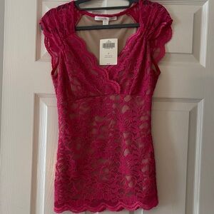 Boston Proper Lace Cap Sleeve Blouse in Red